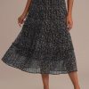 Wholesale Floral Elastic Waist Tiered Cute Midi Skirt Black