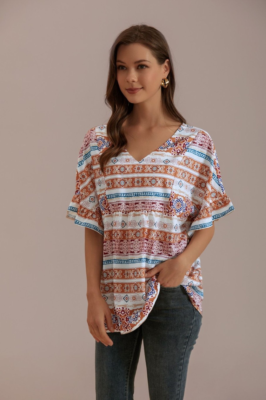 Clearance Floral Short Sleeve V Neck Bell Blouse Multi