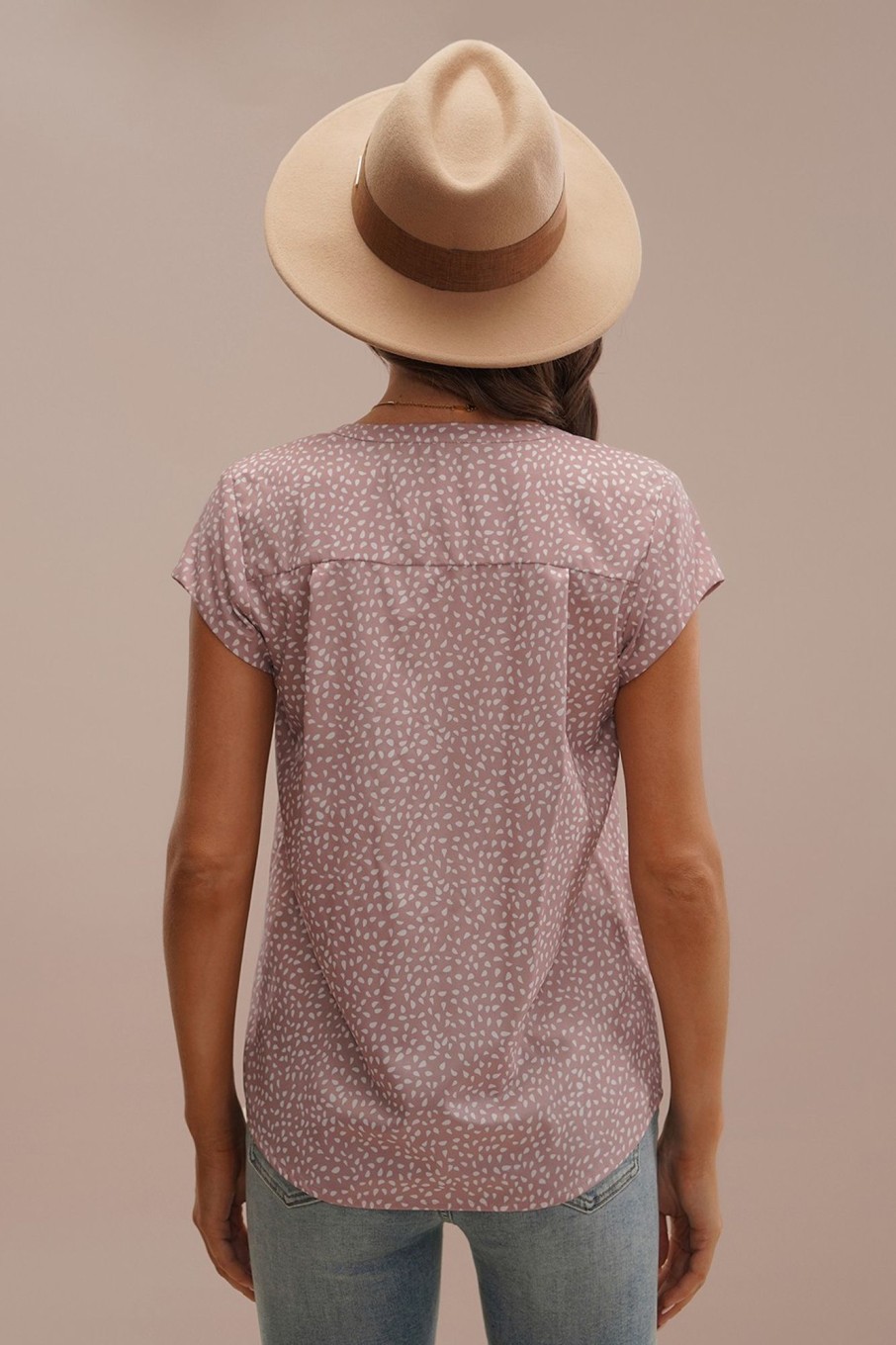 Online V Neck Short Sleeve Polka Dot Blouse Taupe