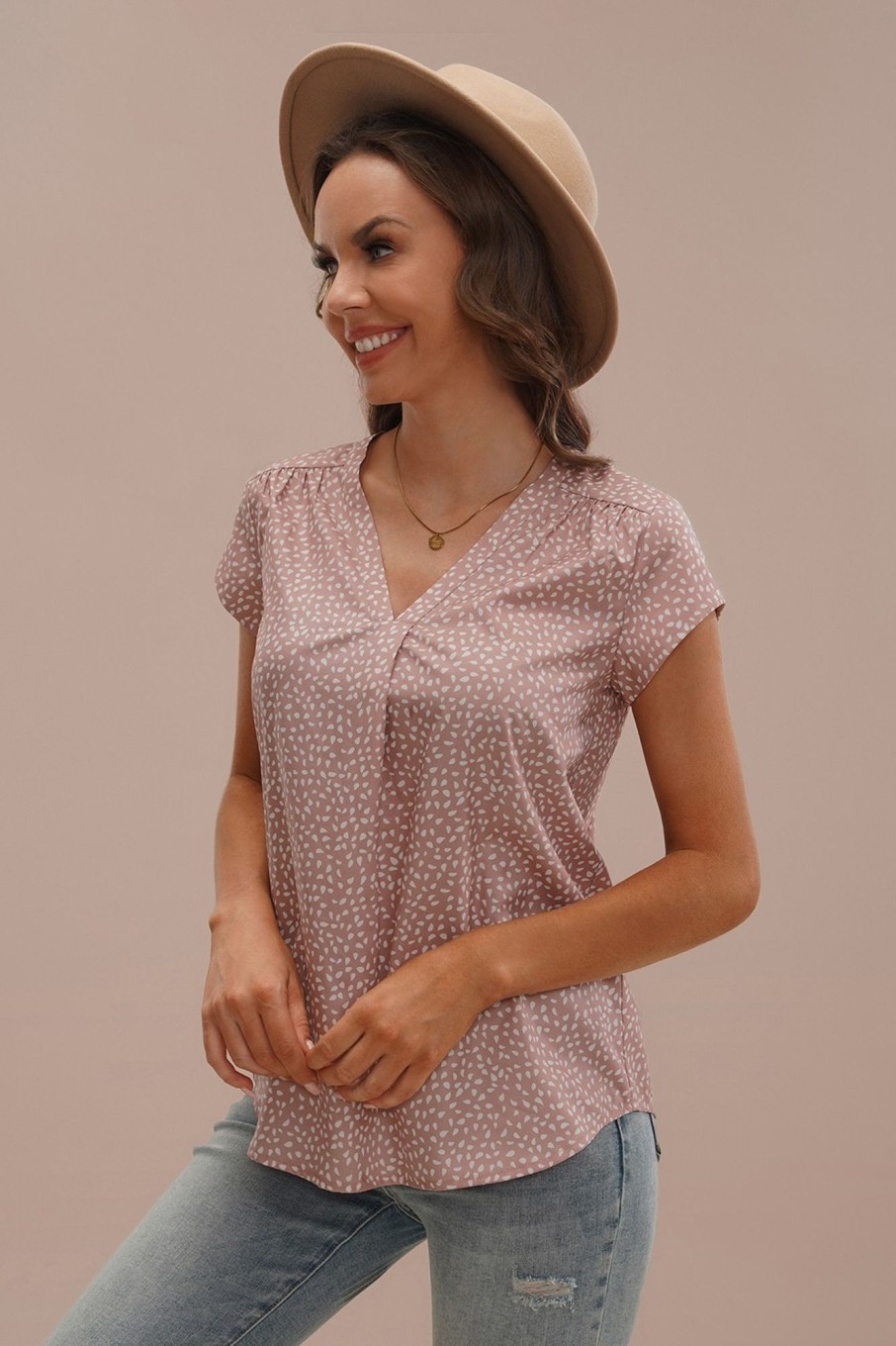 Online V Neck Short Sleeve Polka Dot Blouse Taupe