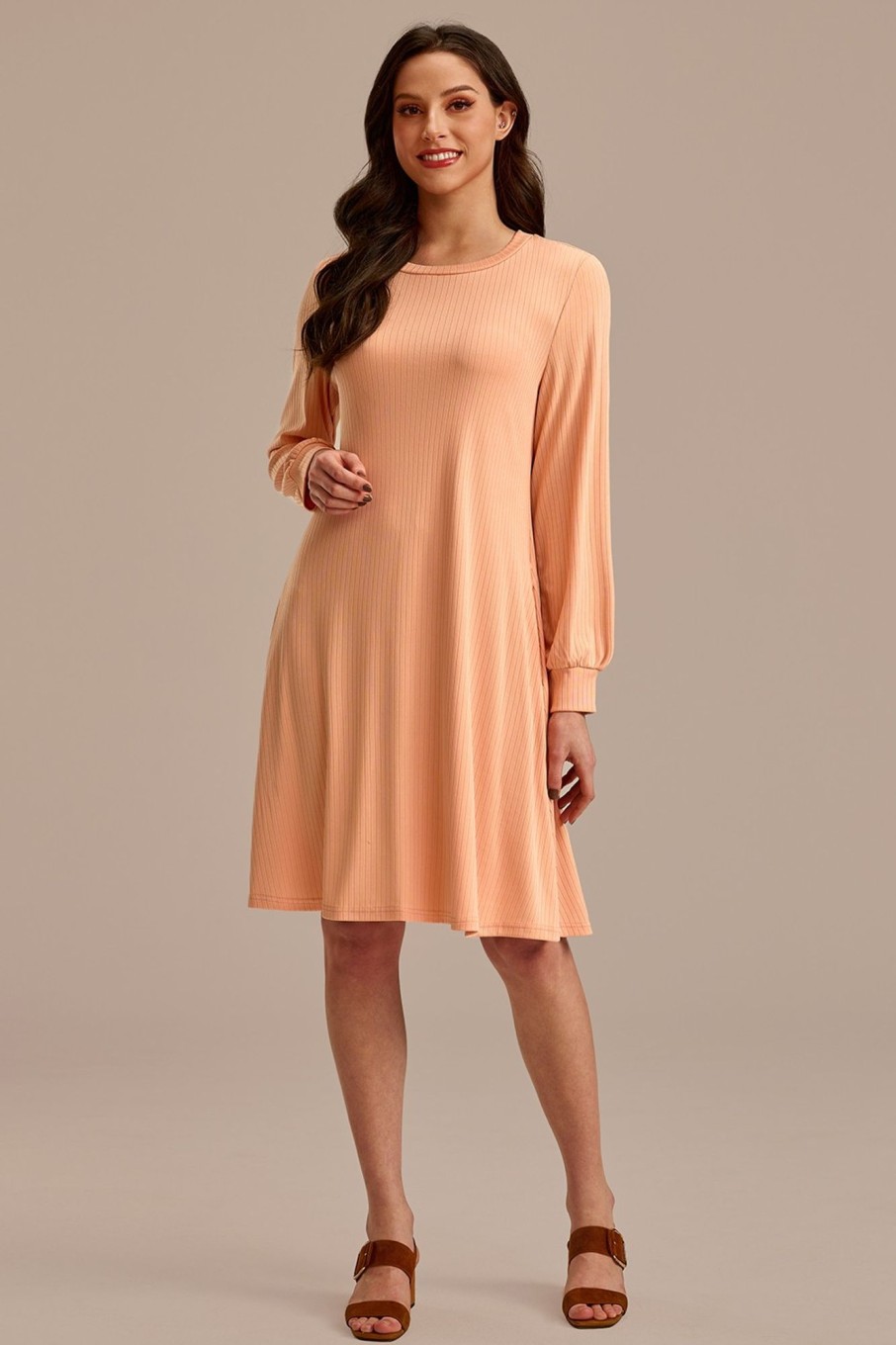 Best Long Sleeve Round Neck Midi Dress Light Pink