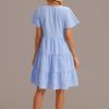 Online Short Sleeve Round Neck Tiered Mini Dress Blue