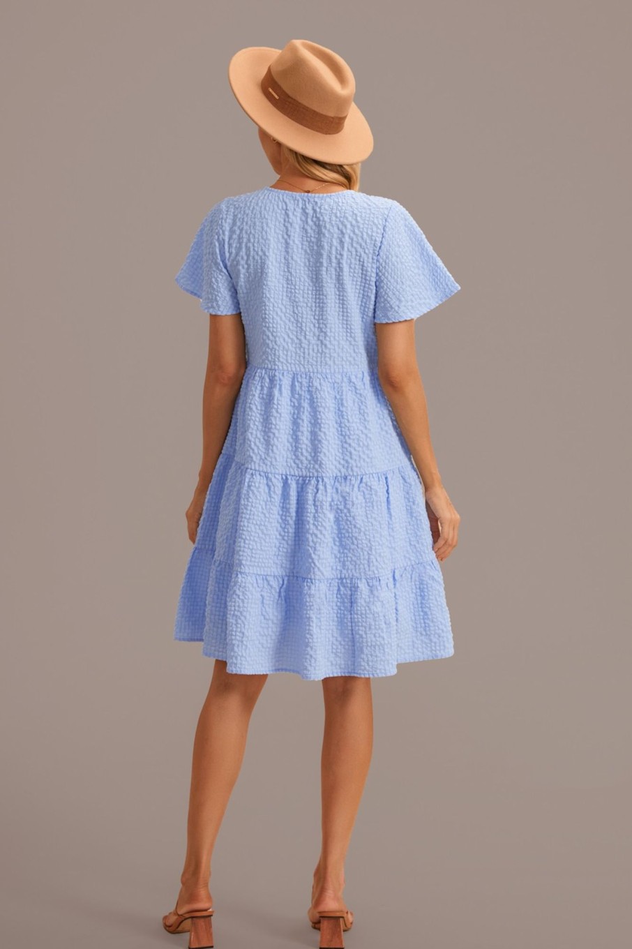 Online Short Sleeve Round Neck Tiered Mini Dress Blue