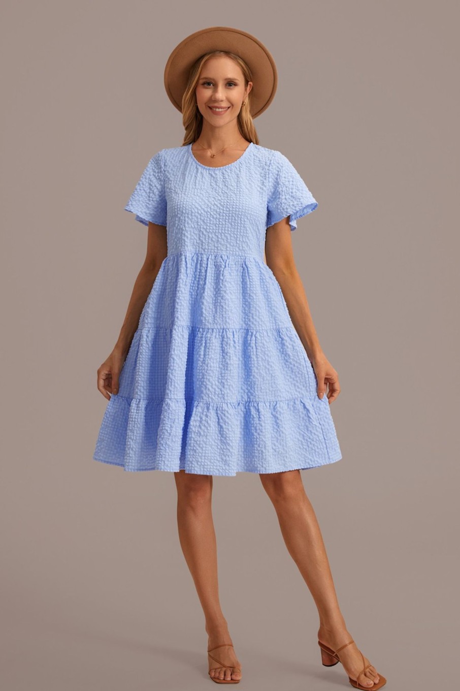 Online Short Sleeve Round Neck Tiered Mini Dress Blue