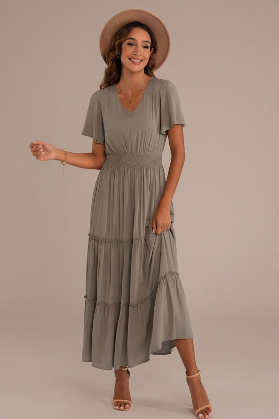 Best Olive Short Sleeve V Neck Elastic Waist Tiered Maxi Dress Light Olive Green