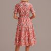 Hot Red High Neck Short Sleeve Tiered Midi Dress Floral