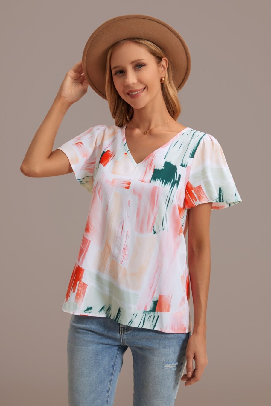 Hot Multi Colorblock V Neck Short Sleeve Blouse Sage