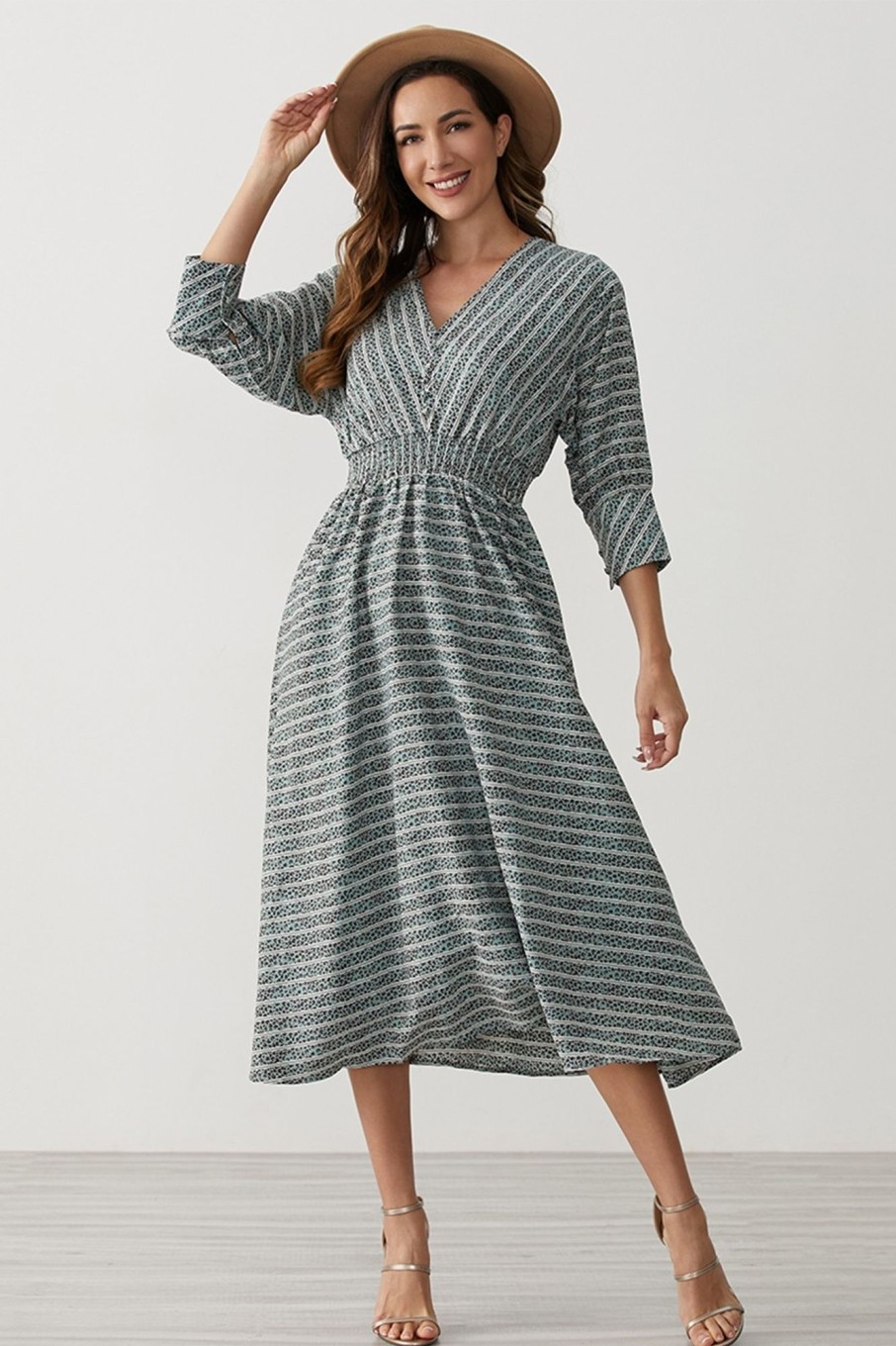 New 3/4 Length Sleeve V Neck Midi Dress As Picture