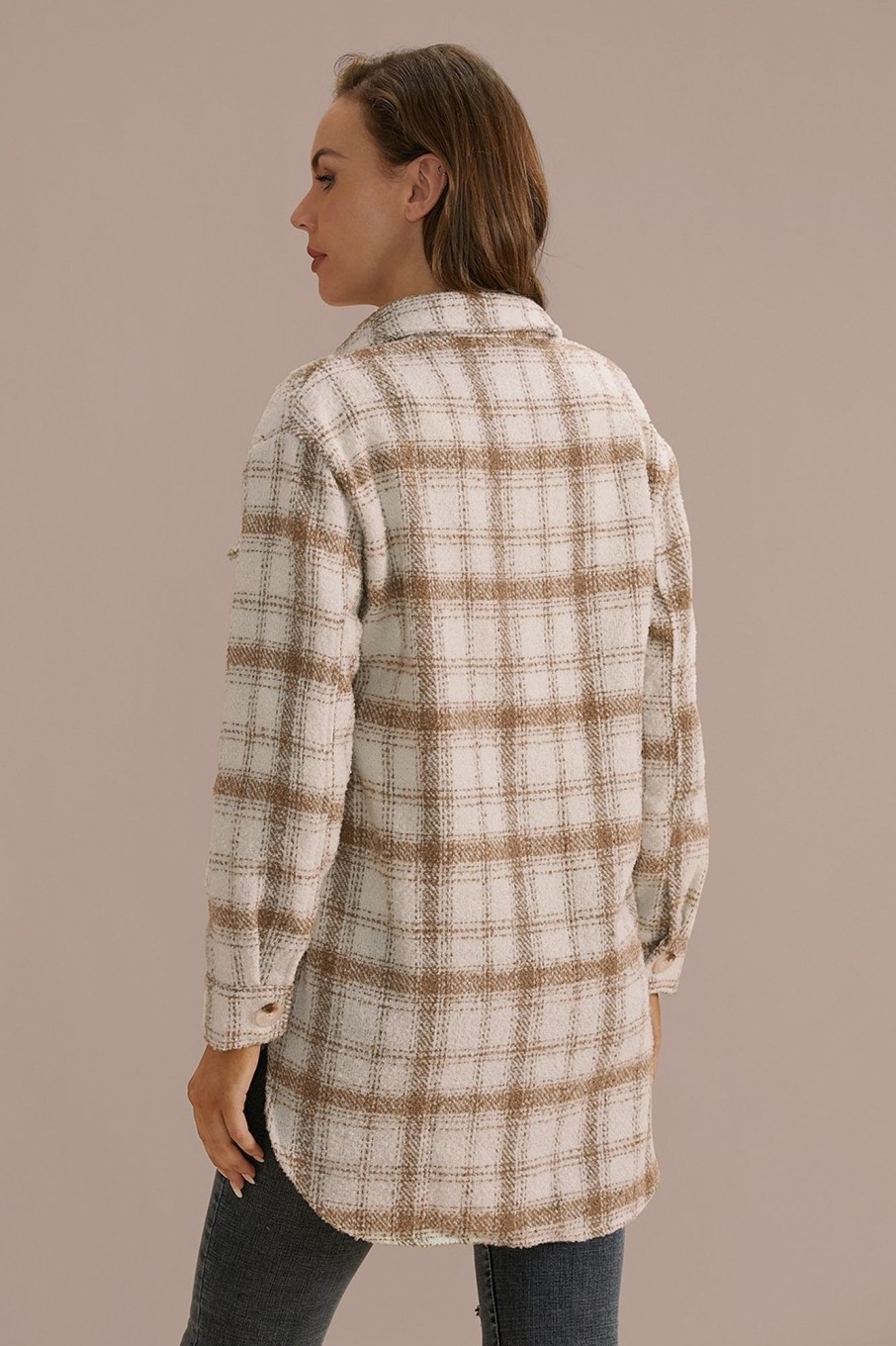 Best Plaid Long Sleeve Collared Neck Shirt Jacket Shacket Taupe