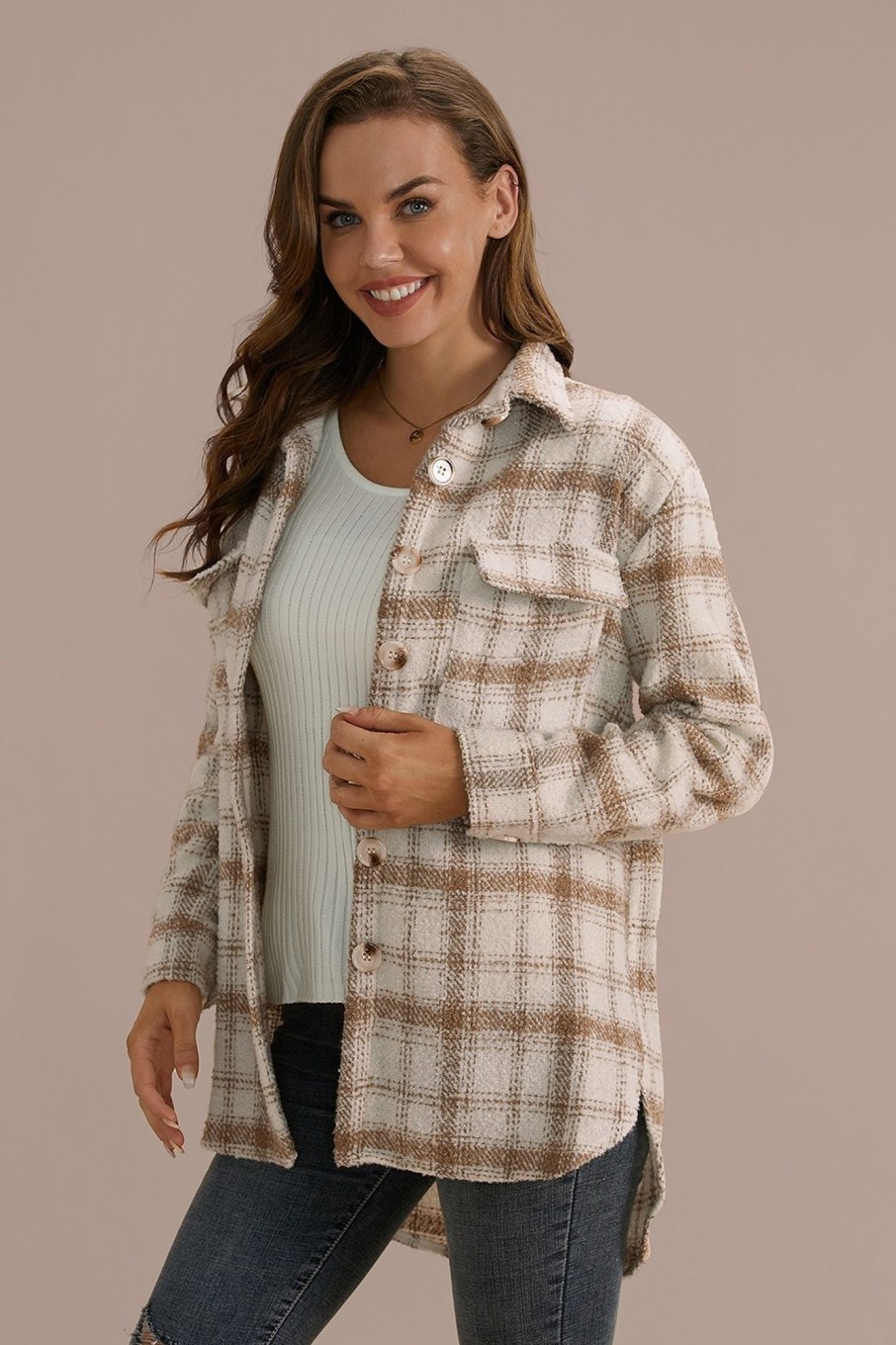 Best Plaid Long Sleeve Collared Neck Shirt Jacket Shacket Taupe