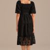 Online Floral Textured Short Puff Sleeve Square Neck Smocked Tiered Midi Dress Black