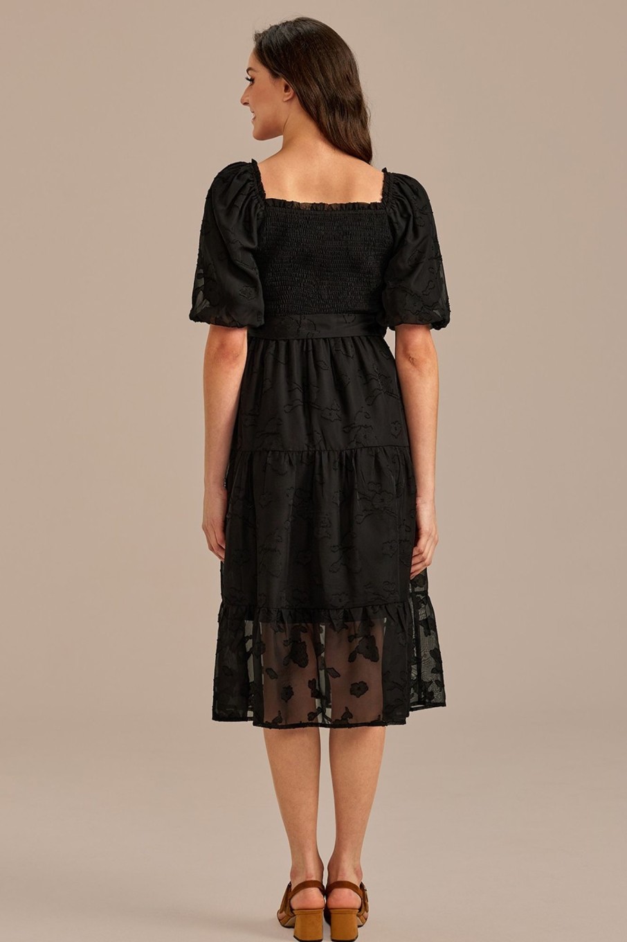 Online Floral Textured Short Puff Sleeve Square Neck Smocked Tiered Midi Dress Black