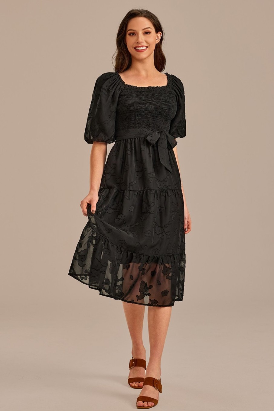 Online Floral Textured Short Puff Sleeve Square Neck Smocked Tiered Midi Dress Black