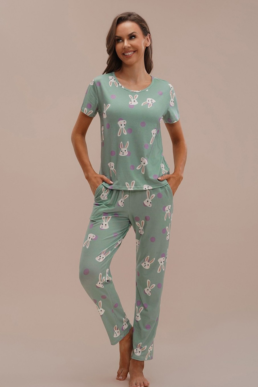 Clearance Rabbit Print Polka Dot Short Sleeve Round Neck Pj Set Green