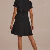 Best Short Sleeve Collared Tie Waist Mini Dress Black