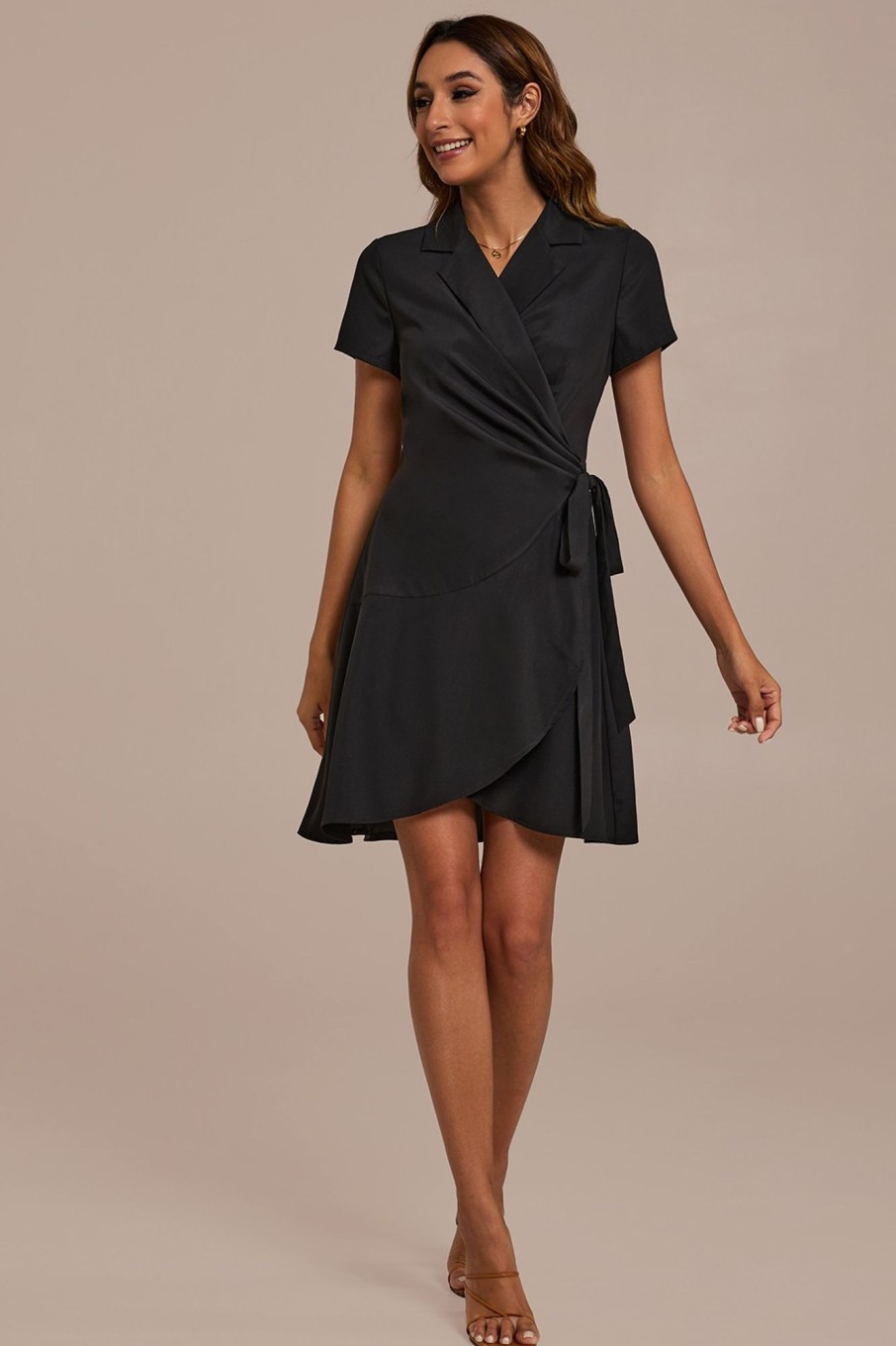 Best Short Sleeve Collared Tie Waist Mini Dress Black