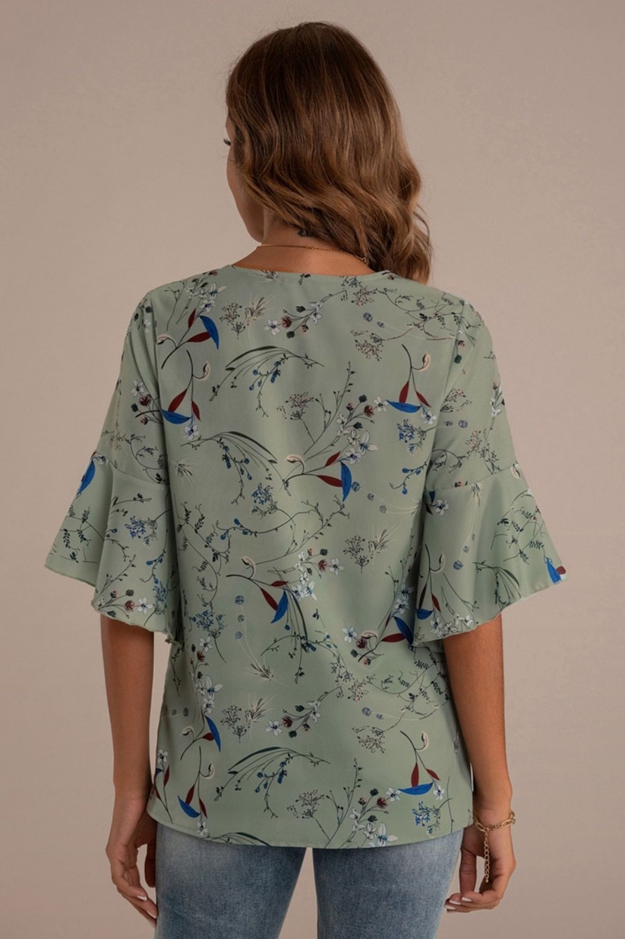 Hot Botanical Print V Neck Flounce Sleeve Top Green