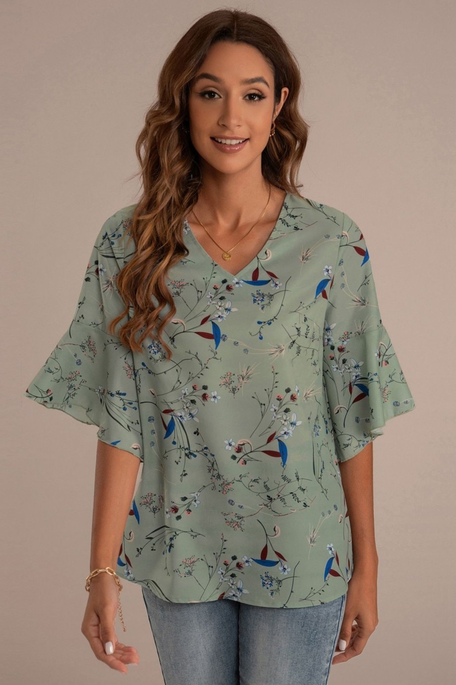 Hot Botanical Print V Neck Flounce Sleeve Top Green