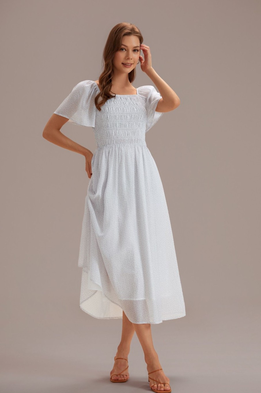 Best Floral Short Sleeve Square Neck Midi Dress White