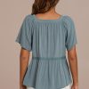 New Short Sleeve Square Neck Button Front Peplum Blouse Sage