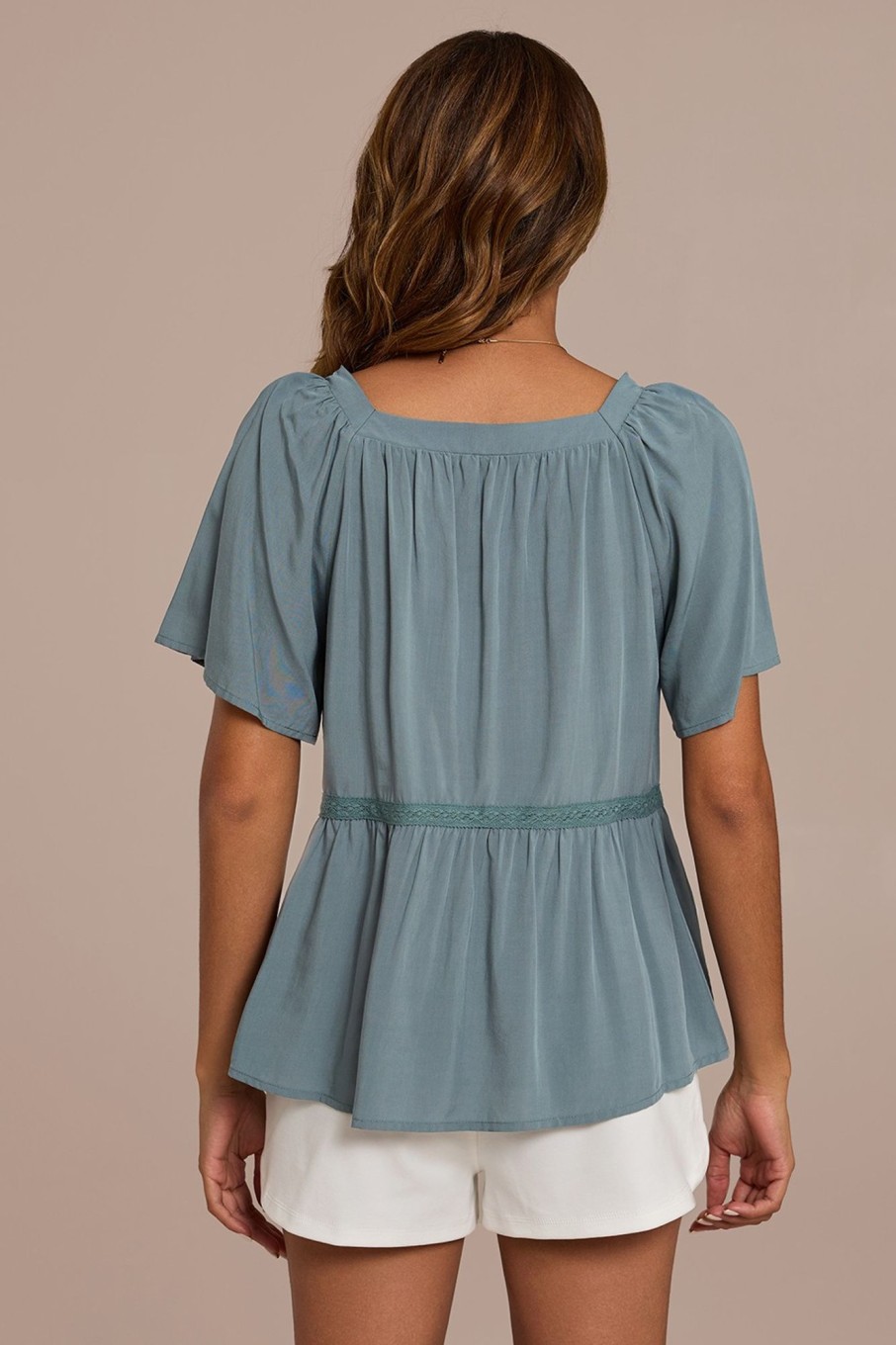 New Short Sleeve Square Neck Button Front Peplum Blouse Sage