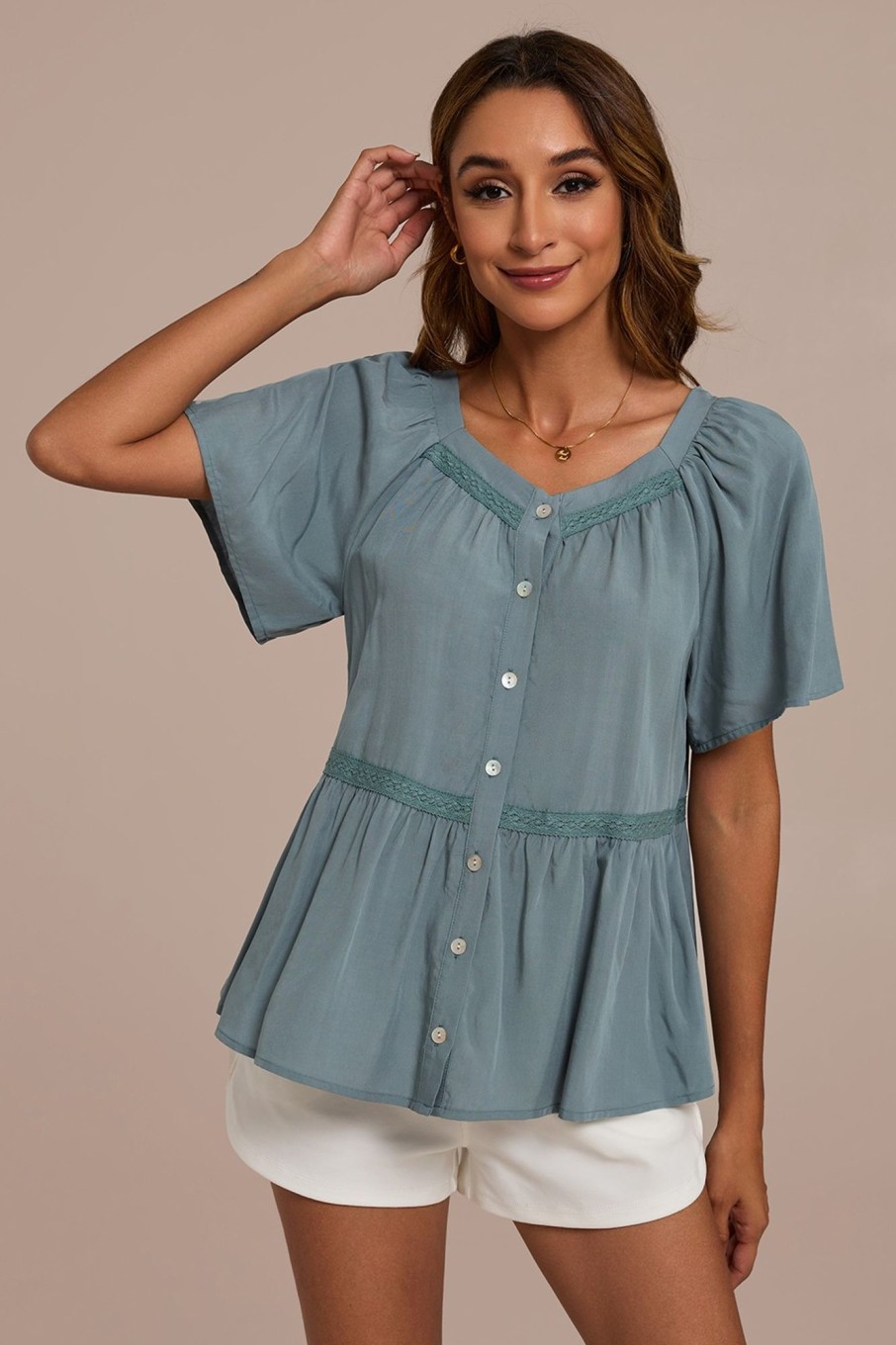 New Short Sleeve Square Neck Button Front Peplum Blouse Sage