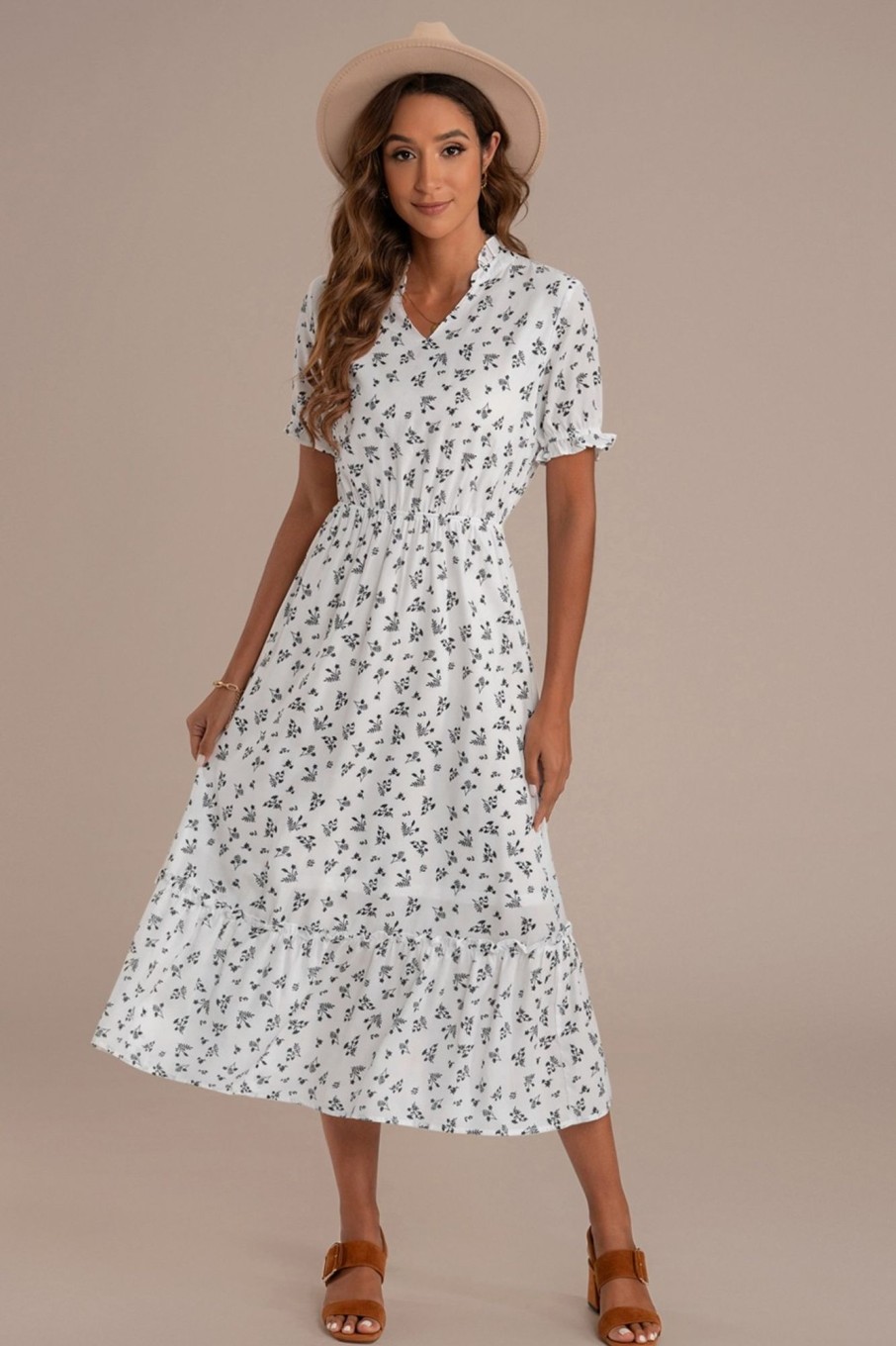 Wholesale Short Sleeve V Neck Rayon Floral Maxi Dress White