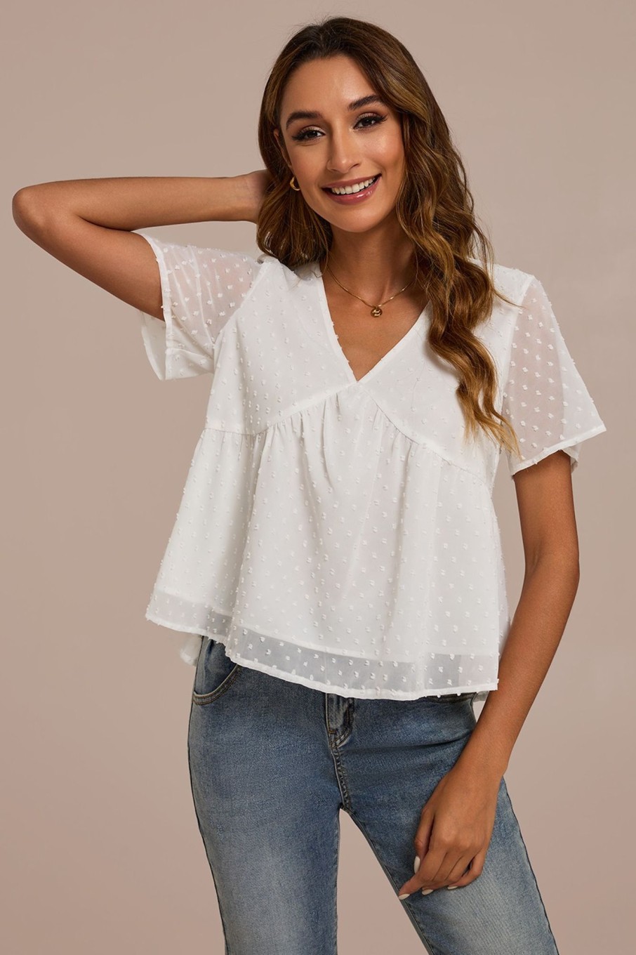 Best Swiss Dot V Neck Short Sleeve Peplum Top White