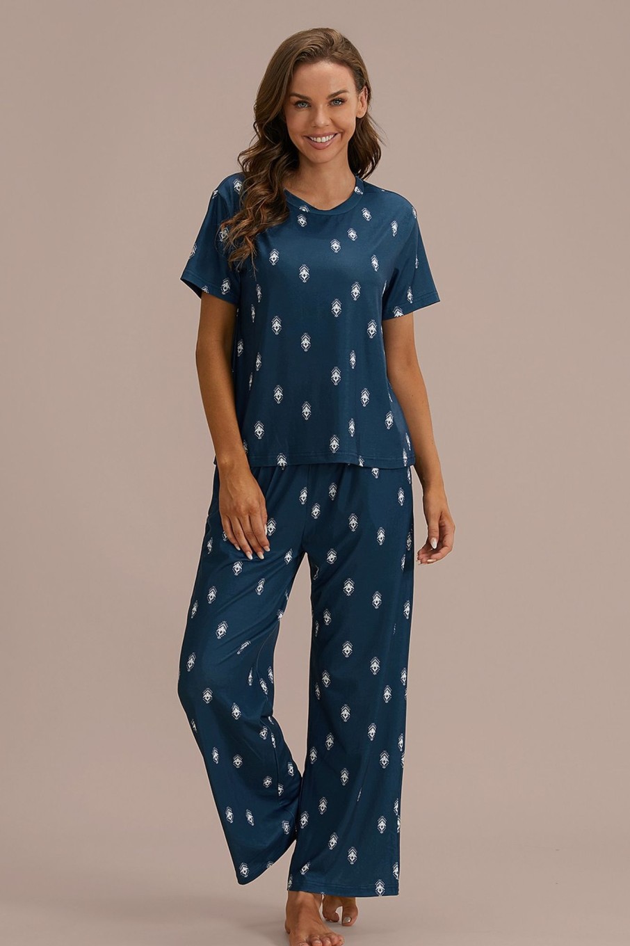 Best Cozy Short Sleeve Round Neck Pj Set Navy