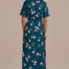 Hot Floral Short Sleeve V Neck Tie Waist Maxi Dress Dark Teal