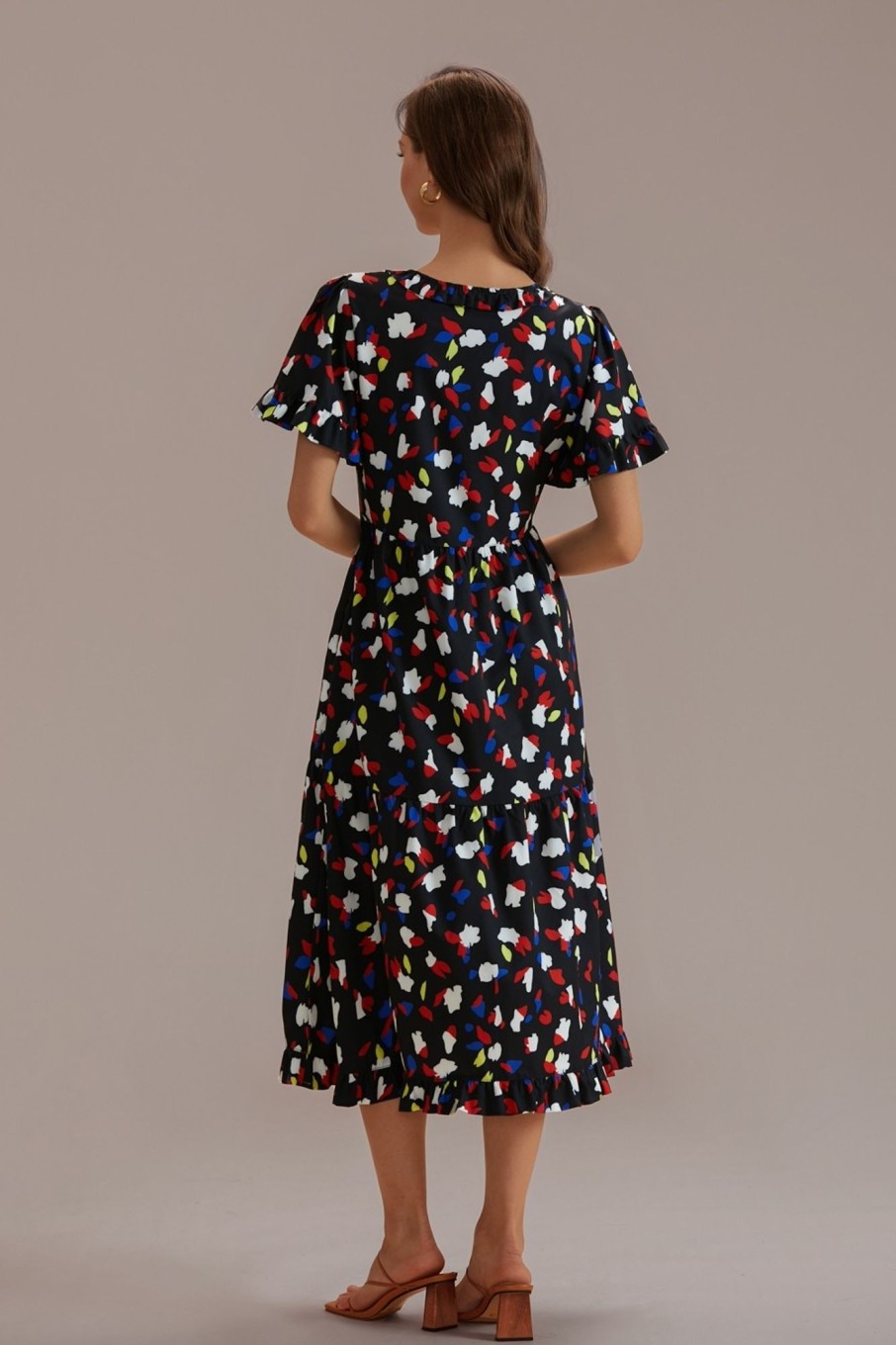 Best Black Short Ruffle Sleeve Round Neck Midi Dress Multi Color