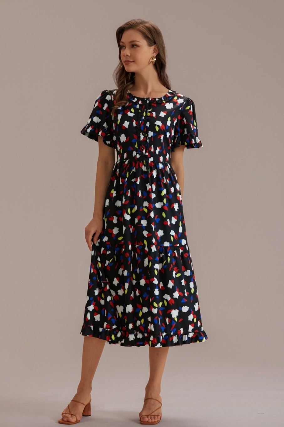 Best Black Short Ruffle Sleeve Round Neck Midi Dress Multi Color