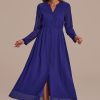 Online Long Sleeve V Neck Tiered Maxi Dress Dark Blue