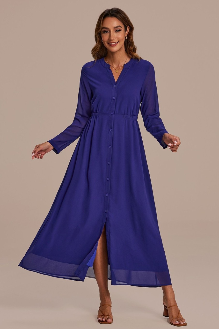 Online Long Sleeve V Neck Tiered Maxi Dress Dark Blue