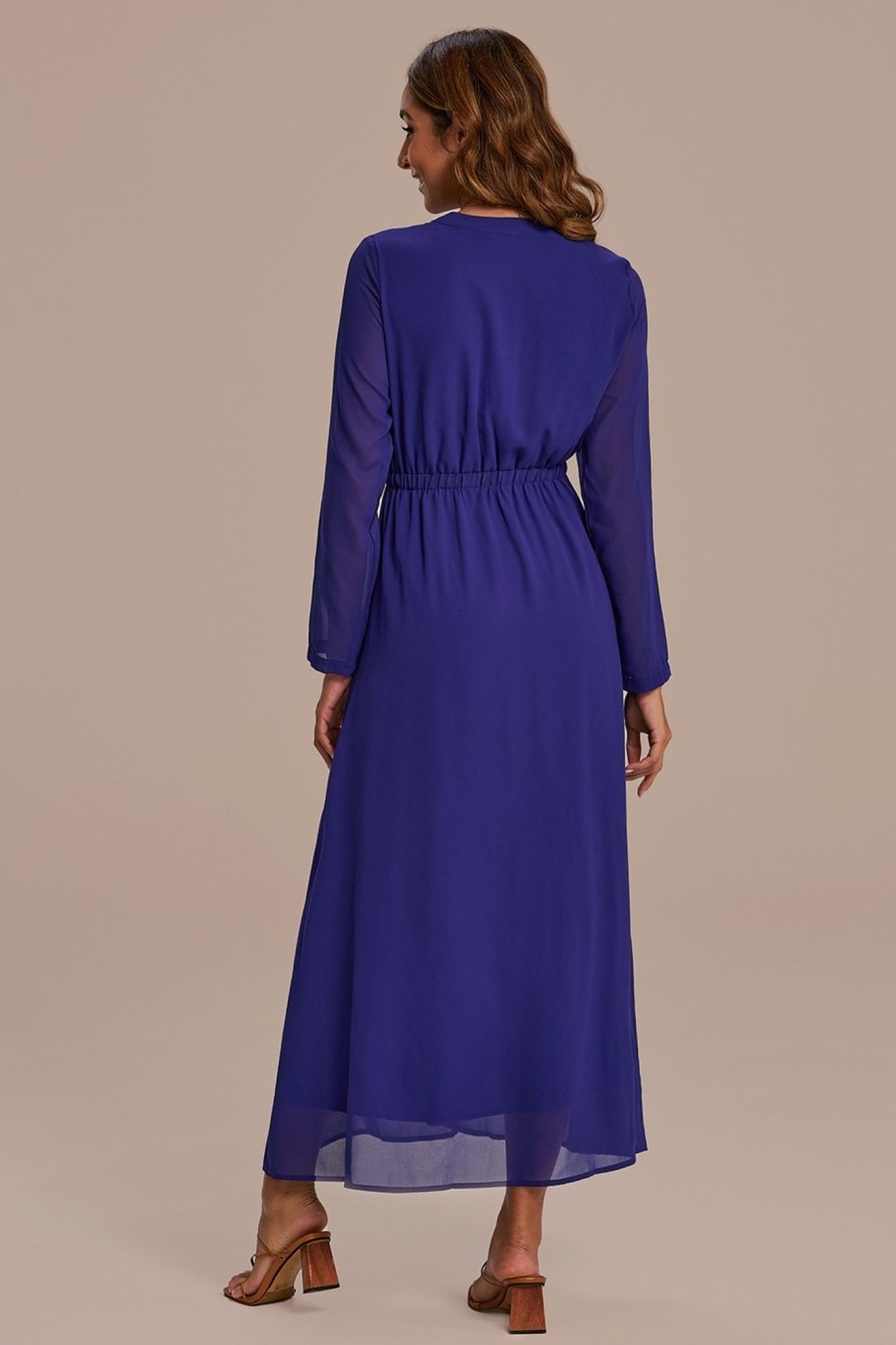 Online Long Sleeve V Neck Tiered Maxi Dress Dark Blue