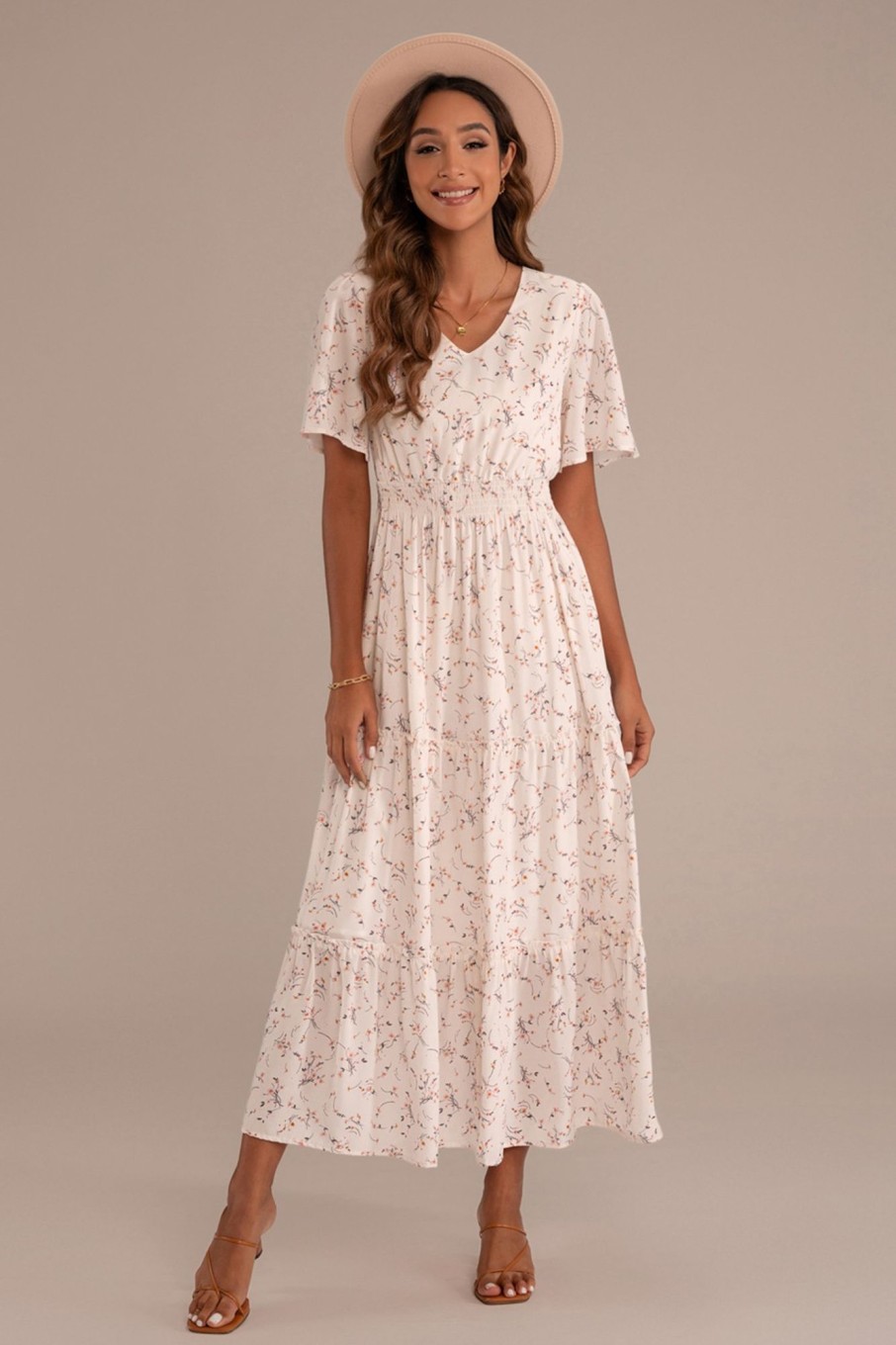 Hot Floral Short Sleeve V Neck Elastic Waist Tiered Maxi Dress Cream