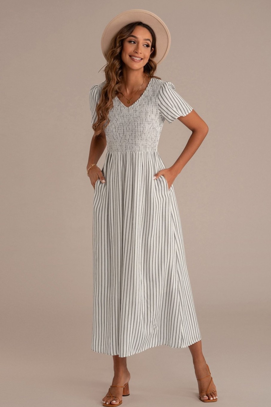 Clearance Short Sleeve V Neck Smocked Maxi Dress With Pockets Black