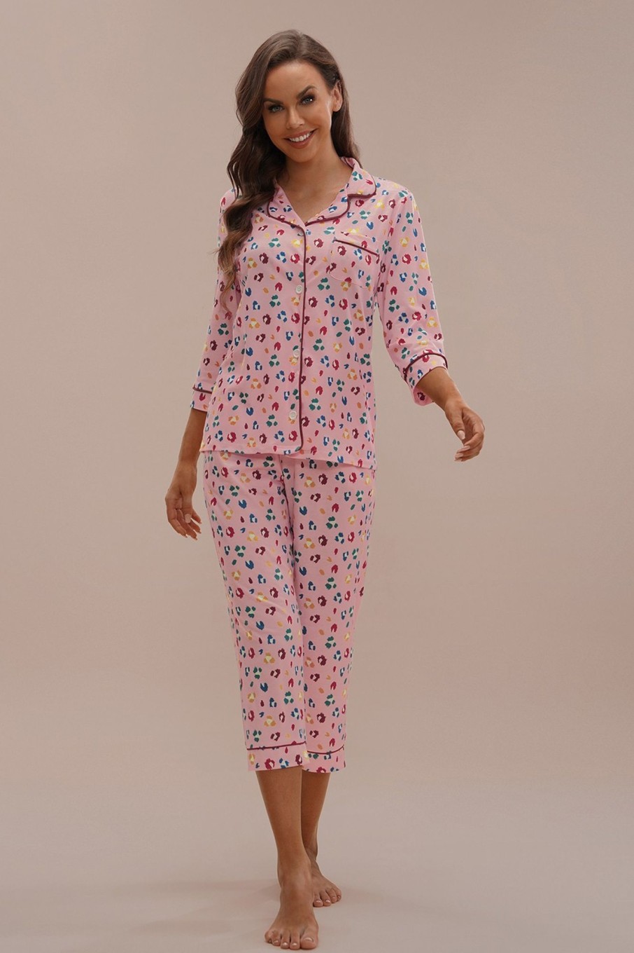 Wholesale Multicolor Long Sleeve Collared Neck Buttons Pj Set Pink