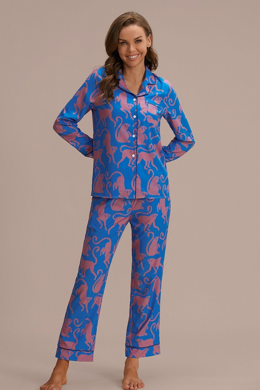 Best Monkey Print Long Sleeve Collared Neck Buttons Pj Set Blue