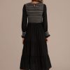 Online Long Sleeve Round Neck Stripe Shirring Midi Dress Black