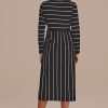 New Long Sleeve Round Neck Stripe Midi Dress Black And White