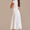 New Eyelet Short Sleeve Round Neck Midi Dress White