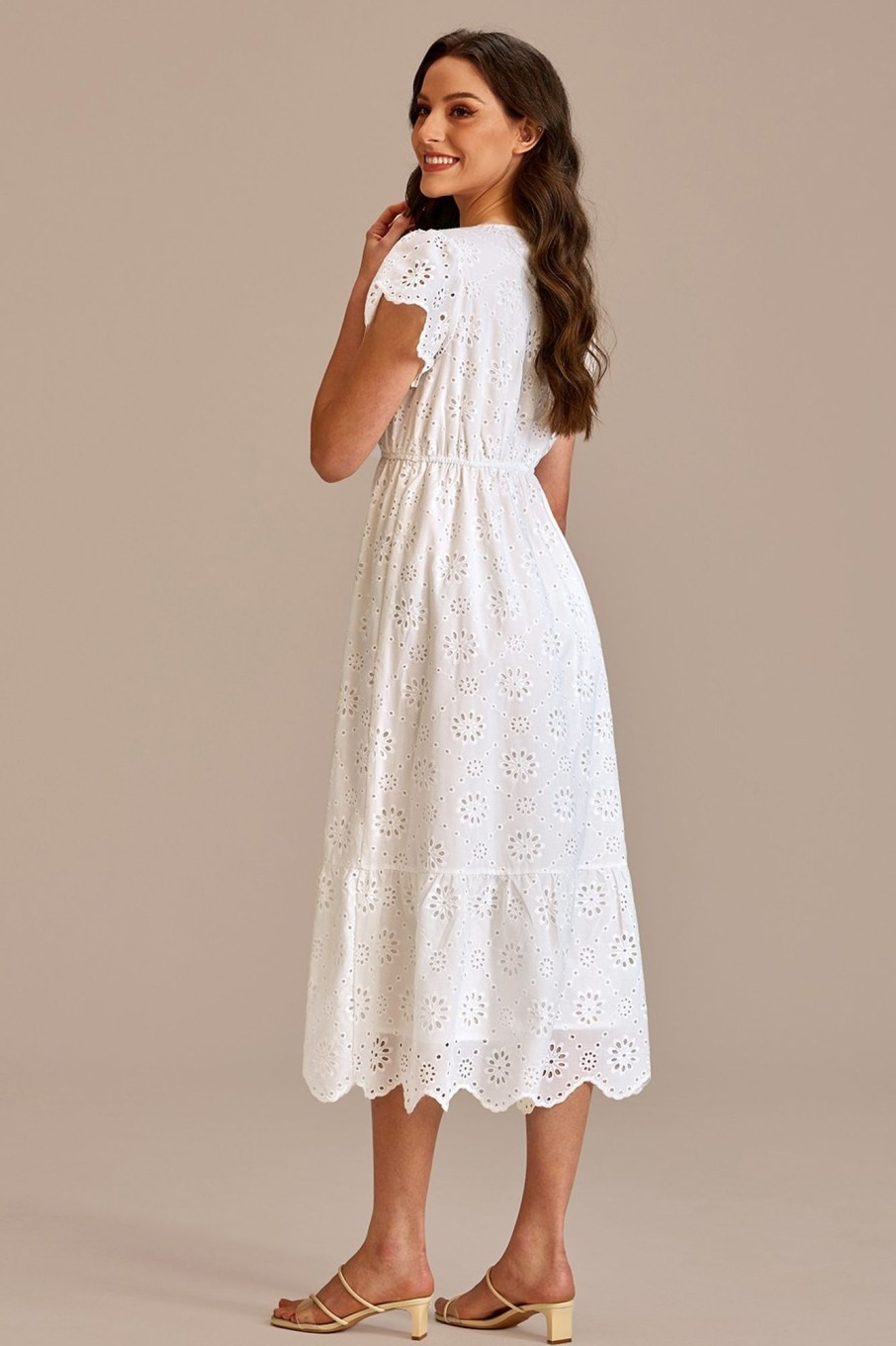 New Eyelet Short Sleeve Round Neck Midi Dress White