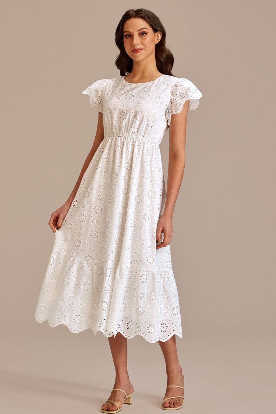 New Eyelet Short Sleeve Round Neck Midi Dress White