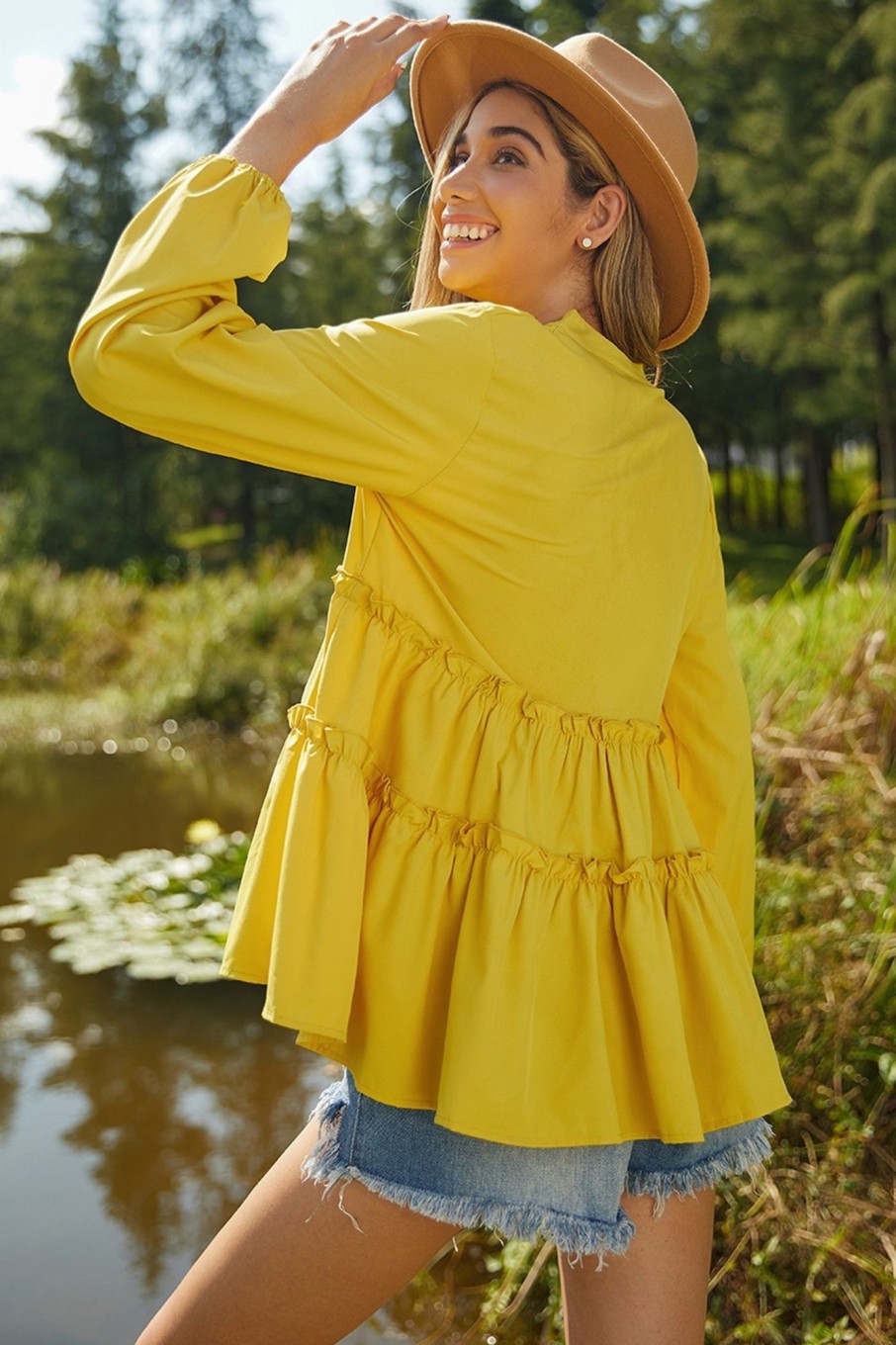 Hot Casual Elegant Long Sleeve V Neck Ruffle Shirt Blouse Yellow