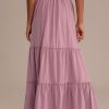 Best Solid Elegant Elastic Waist Tiered Maxi Skirt Mauve