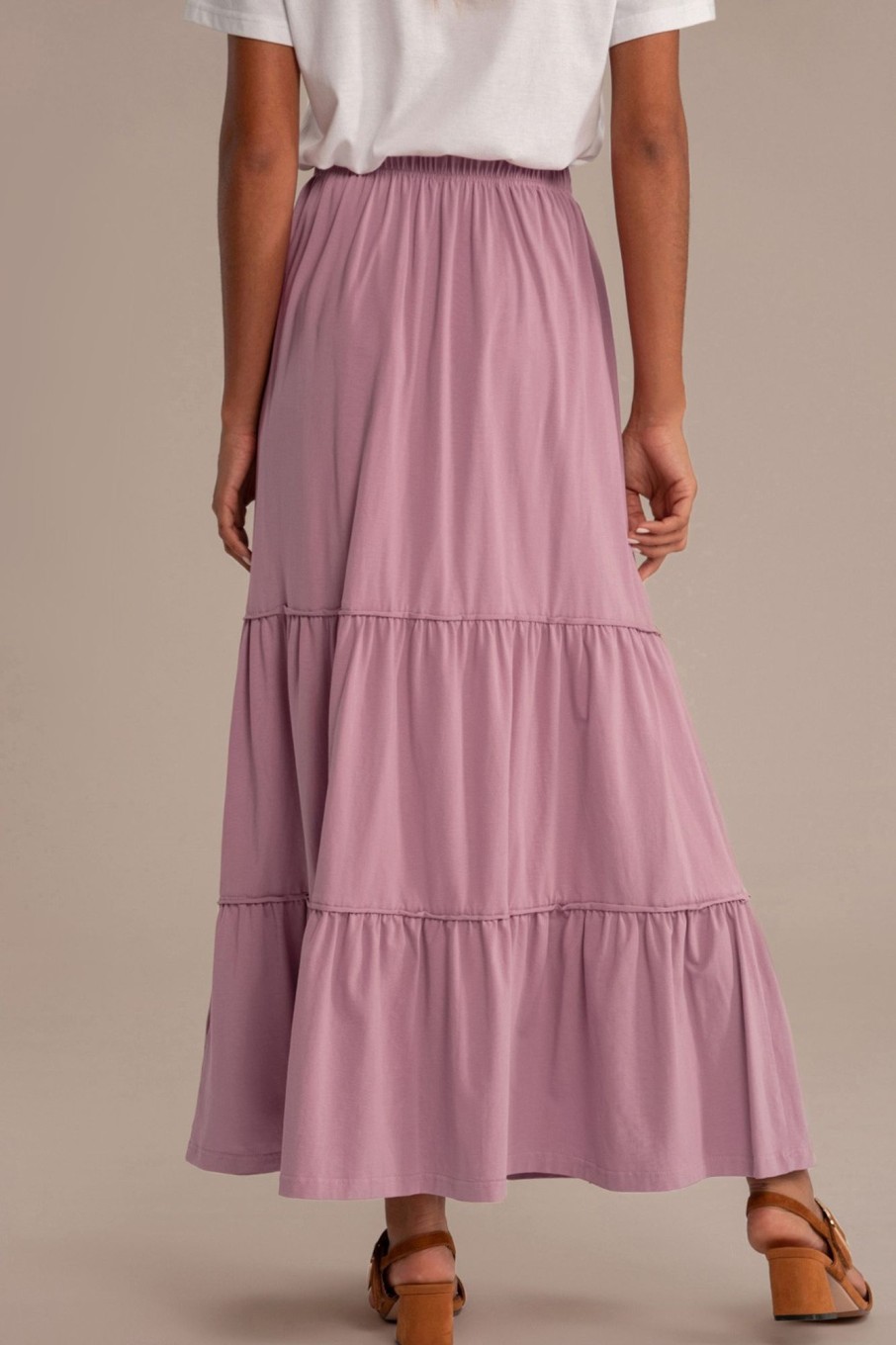 Best Solid Elegant Elastic Waist Tiered Maxi Skirt Mauve