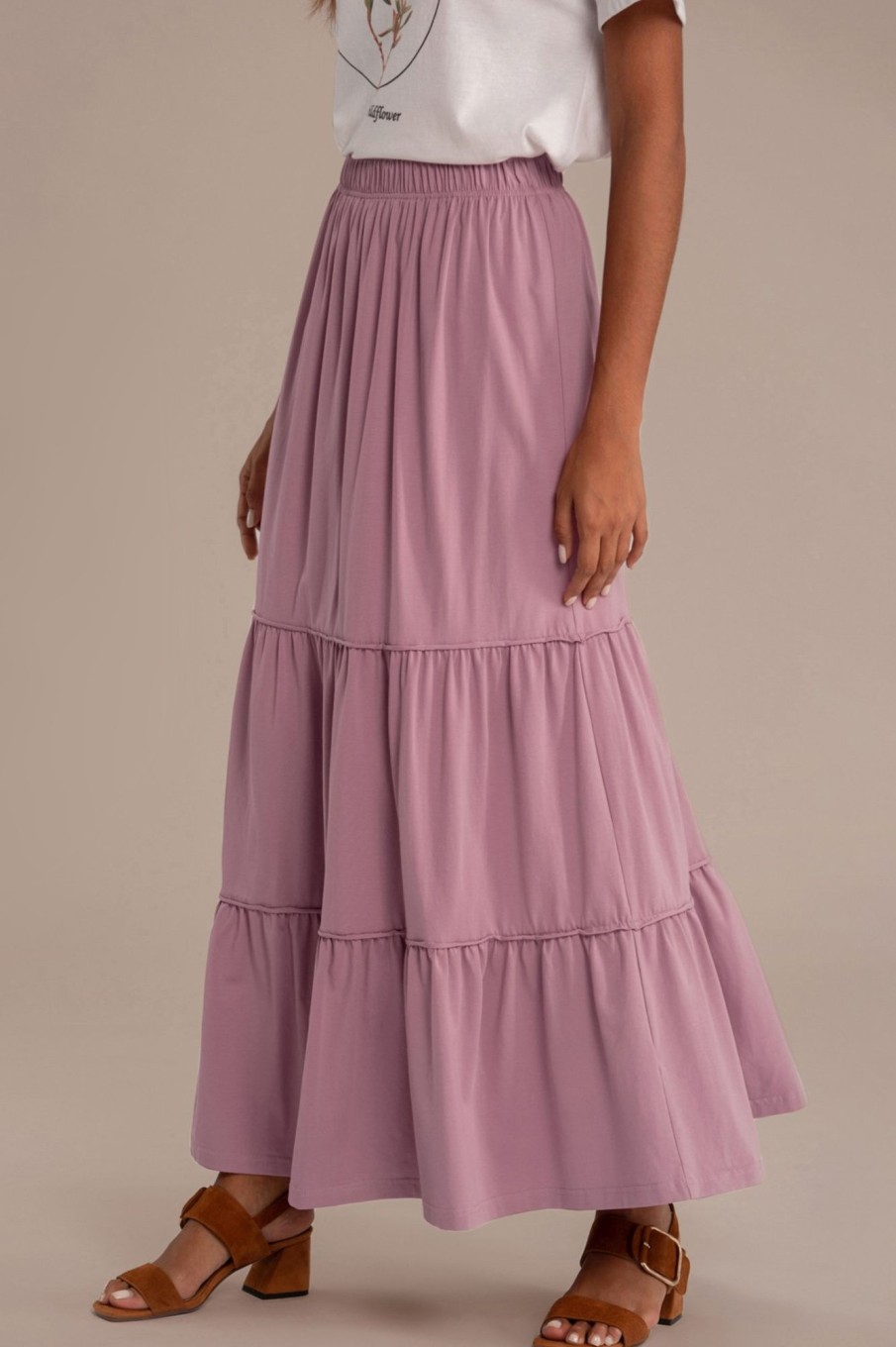 Best Solid Elegant Elastic Waist Tiered Maxi Skirt Mauve