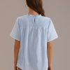 Wholesale Short Sleeve Ruffle Mock Neck Blouse Blue