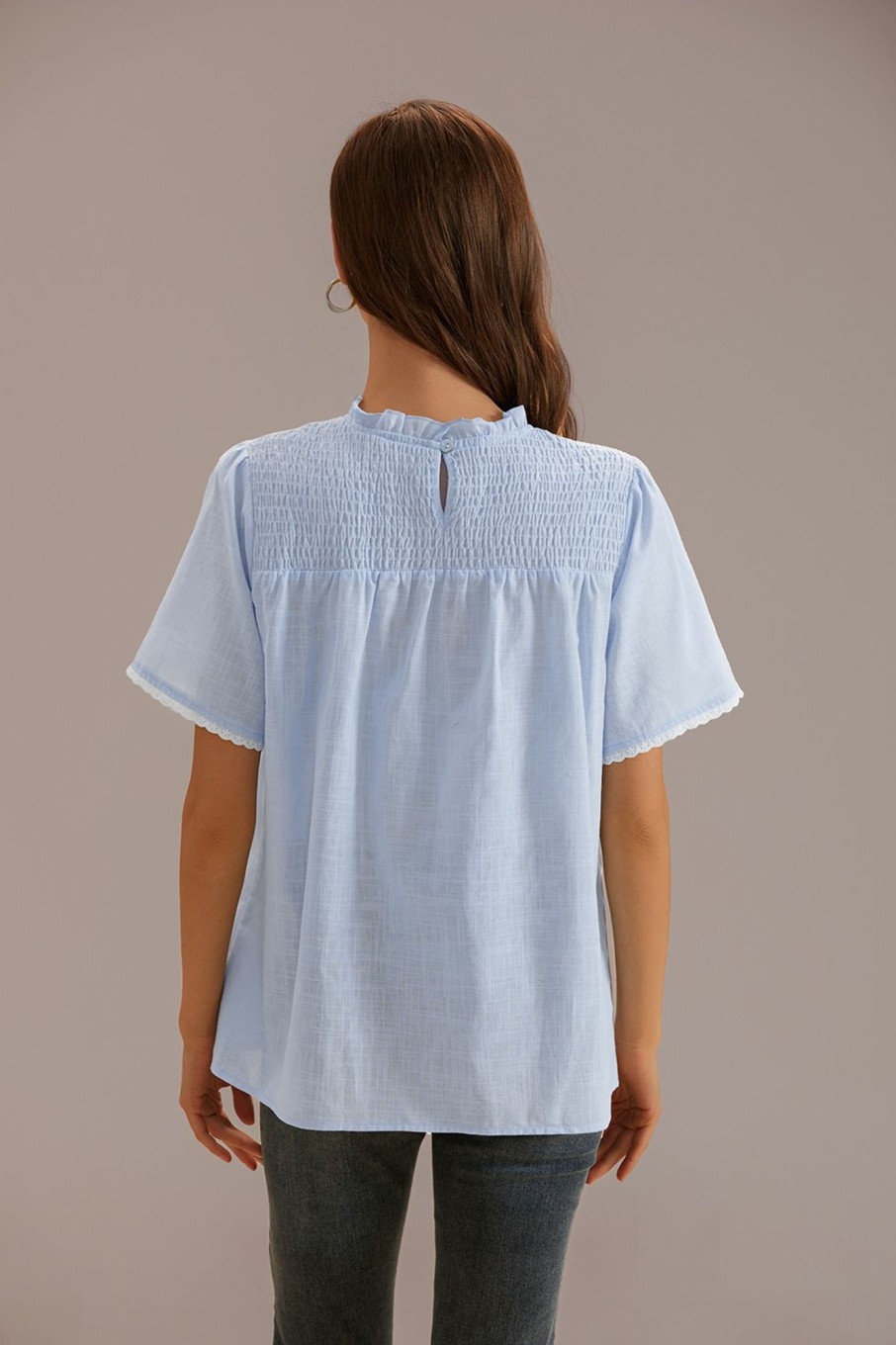 Wholesale Short Sleeve Ruffle Mock Neck Blouse Blue